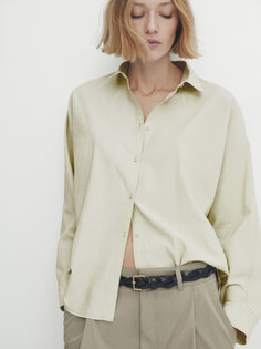 Рубашка из хлопка шамбре с рукавами Massimo Dutti, зеленый