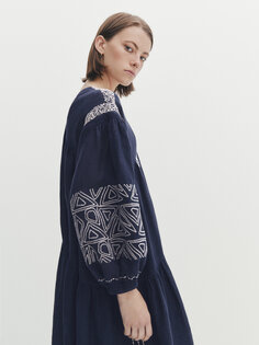 Платье миди из льна с вышивкой Massimo Dutti, темно-синий