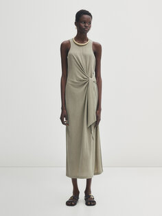 Платье миди с узелами Massimo Dutti, бледный хаки