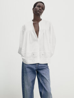 Рубашка из хлопковой вуали с загнозами и гипюрным нимом Massimo Dutti, белый
