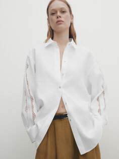 Рубашка из 100% льна с вышивкой рукава Massimo Dutti, белый