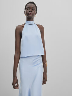 Контрастная атласная юбка миди Massimo Dutti, небесно-синий