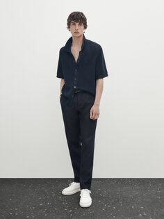 Трикотажная рубашка с короткими рукавами и пуговицами. Massimo Dutti, темно-синий