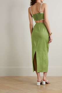 REFORMATION Комплект Elena из льняного укороченного топа и юбки миди, зеленый