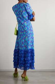 RIXO Ярусное платье макси Mari с оборками и шифоновой отделкой из вуали с цветочным принтом, синий