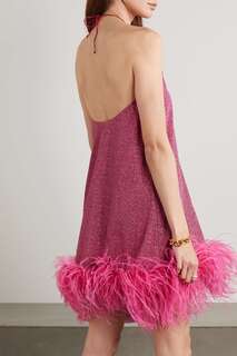 OSÉREE Платье мини Lumière с вырезом халтер из металлизированного трикотажа стрейч с отделкой перьями, розовый