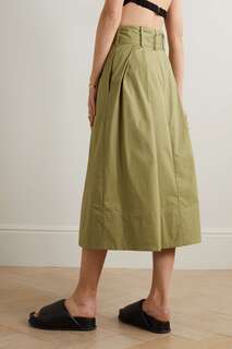 STAUD плиссированная юбка миди Kingsley из хлопка стрейч с поясом, армейский зеленый