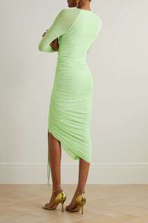 SELF-PORTRAIT Платье миди из асимметричного трикотажа и эластичной сетки с рюшами, зеленый