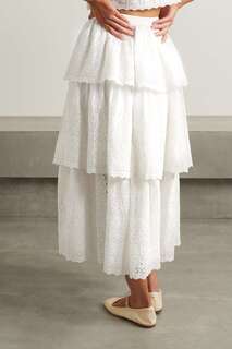 LOVESHACKFANCY многоярусная юбка миди из хлопка с вышивкой бродери англез Kasiana, белый