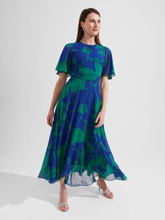Hobbs Freya Шелковое платье макси с абстрактным принтом, синий/зеленый Hobb's