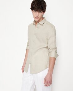 Обычная однотонная льняная мужская рубашка бежевого цвета Armani Exchange, бежевый