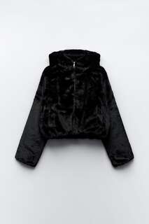 Куртка из искусственного меха с капюшоном ZARA, черный