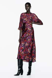 Атласное платье миди с принтом ZARA, разноцветный