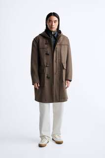 Пальто с капюшоном и пуговицами ZARA, коричневый