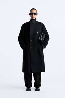 Двубортное пальто из смесовой шерсти ZARA, черный
