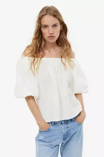 Блуза с пышными рукавами и открытыми плечами H&amp;M, белый H&M
