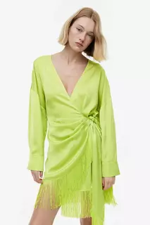 Платье из атласа с трансфером и бахромой H&amp;M, зеленый H&M