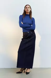 Полупрозрачная блузка эластичной вязки и низким воротником H&amp;M, синий H&M
