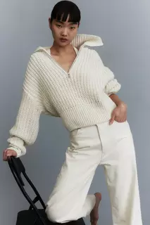 Пуловер крупной вязки с молнией сверху H&amp;M, бежевый H&M