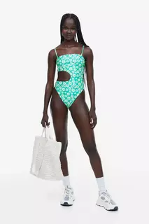 Сплошной купальник с высокими штанинами и вырезами H&amp;M, зеленый H&M