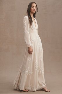 Свадебное платье Bhldn Belize А-силуэта с длинными рукавами и V-образным вырезом с вышивкой, шампанское