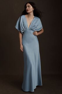 Платье Bhldn Leila атласное А-силуэта с глубоким V-образным вырезом и развевающимися рукавами, пыльный синий