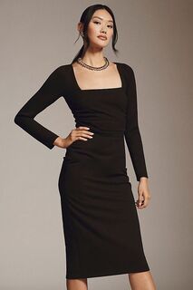 Платье Bhldn Larisa миди из эластичного крепа с квадратным вырезом и длинными рукавами, черный