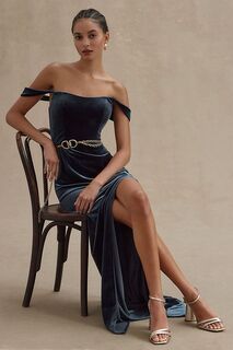 Бархатное платье-колонна Jenny Yoo Issa с открытыми плечами, французский синий