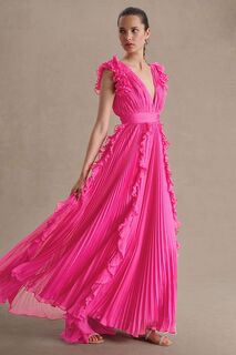 Платье Mac Duggal Плиссированное с развевающимися рукавами и глубоким V-образным вырезом и завышенной талией, средне-розовый