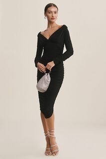 Платье миди Norma Kamali Tara с длинными рукавами и глубоким V-образным вырезом и сборками, черный