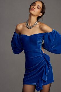 RHODE Бархатное мини-платье с открытыми плечами Adrian Sweetheart, синий