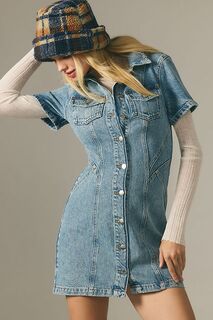 Джинсовое мини-платье Pilcro с короткими рукавами и пуговицами спереди, деним/средне-синий