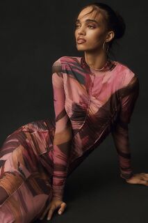 Платье миди Anthropologie из сетки с длинными рукавами, розовый