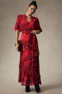 Платье миди Farm Rio с оборками и короткими рукавами, красный