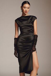 Платье миди BHLDN Francesca из эластичного атласа с высоким воротником, черный