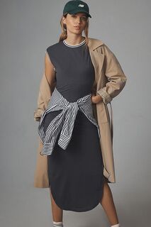 Платье миди с полосками и отделкой Anthropologie, дымчатый серый
