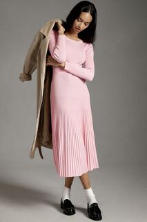Платье-миди Anthropologie в рубчик с длинными рукавами, розовый