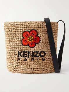 Большая сумка-мессенджер из рафии с кожаной отделкой и вышивкой KENZO, коричневый