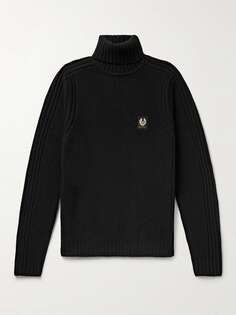 Смотреть Облегающий шерстяной свитер в рубчик с круглым вырезом и аппликацией логотипа BELSTAFF, черный