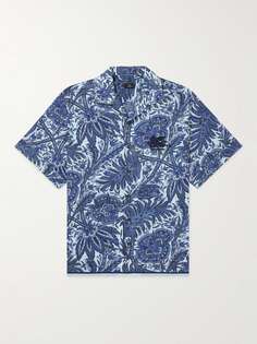 Рубашка с откидным воротником и вышитым логотипом из хлопка и вуали ETRO, синий