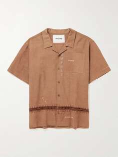 Рубашка с вышивкой из хлопка и льна с воротником-стойкой и отделкой крючком STORY MFG., коричневый