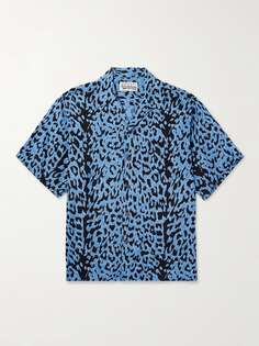 Атласная рубашка с воротником-стойкой и леопардовым принтом WACKO MARIA, нави