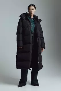 Длинная стеганая водоотталкивающая куртка H&amp;M, черный H&M