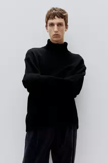 Шерстяной свитер свободного кроя с воротником-поло H&amp;M, черный H&M
