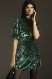 Мини-платье Anthropologie бархатное с короткими рукавами и воротником-стойкой, зеленый