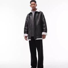 Куртка Topman Faux Leather Shearling Longline Aviator, черный