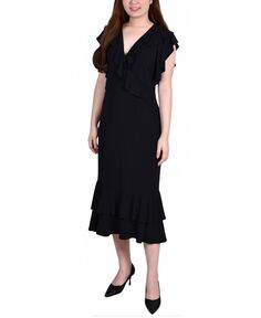 Платье миди Petite с развевающимися рукавами и рюшами NY Collection, черный