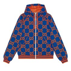 Жаккардовая куртка на молнии Gucci GG, цвет Синий/оранжевый