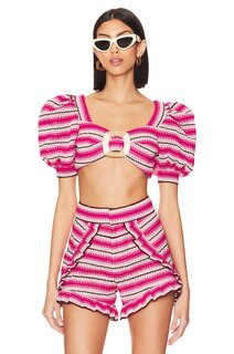 Топ PatBO Striped Crochet Puff Sleeve, розовый