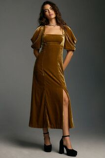 Платье Anthropologie бархатное миди с квадратным вырезом и короткими рукавами, золотистый